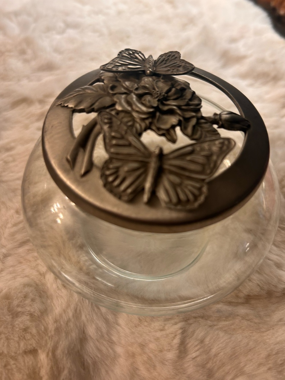 1991 Potpourri Glass Bowl Seagull Pewter Lid Butterfly Flower Etain Zinn Canada